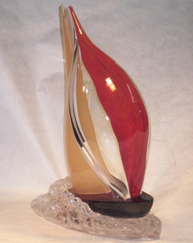 Murano glass red sailboat sculpture repaired by Michael Bokrosh